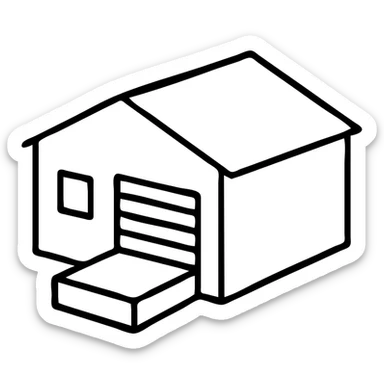 Single story warehouse building in isometric view with loading dock and roll-up door sticker