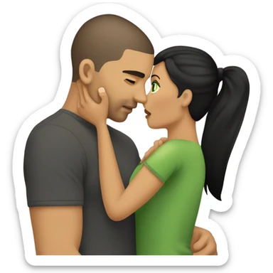 A couple kissing, girl has long straight back hair green eyes nice eyebrows medium tan black tshirt, guy has a buzz cut brown hair green eyes medium tan a gray tshirt  sticker
