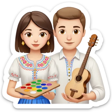 a guy in a white Ukrainian embroidered shirt and a girl in a white Ukrainian embroidered shirt, holding music and a paint palette sticker