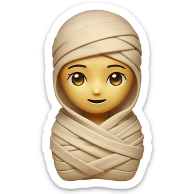Cinematic Cute Mummy Portrait Emoji, with a delightfully charming, slightly clumsy bandaged form in warm faded tones and subtle hints of gold, featuring wide, curious eyes peeking from the wrappings and a sweet, innocent smile, simplified yet adorably detailed, glowing with a soft, ancient warmth and a gentle outline that captures the playful spirit of an ancient mummy! sticker