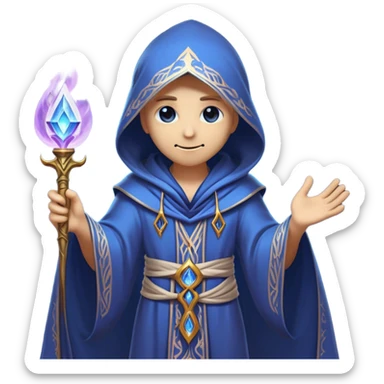 Clash of Clans aesthetic friendly Mage Portrait Emoji, With an enigmatic, slender build draped in flowing mystical robes adorned with arcane symbols, piercing eyes and a determined aura, his face rendered in a natural skin tone (not yellow), Simplified yet sharply defined features, highly detailed, glowing with a cool, otherworldly radiance, high shine, wise and resolute, stylized with an air of ancient sorcery, focused and mystical, soft glowing outline, capturing the essence of a powerful mage ready to unleash enchanted spells on epic adventures! sticker