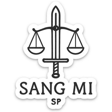 A minimalist emblem for SANG MI with a sleek, modern design. It should include a silhouette of a sword and a balance scale, using a monochromatic color scheme. The emblem should have a small, hidden 'SP' mark to signify the secretive nature of the unit. sticker