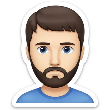 Caucasian man with straight dark brown hair styled loose with fringe, short full beard, neutral serious expression, simple blue shirt sticker