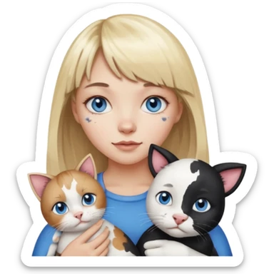 Cute cat black and white stain like a cow in the arms of a blond girl with bangs and blue eyes sticker
