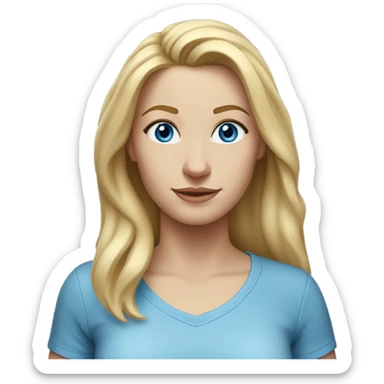 A head and shoulders shot of a 34 year old white woman, with long blonde hair,   with blue eyes wearing a t-shirt. sticker
