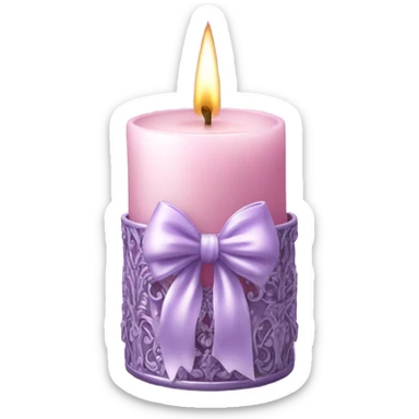 A soft pink candle in an ornate lavender glass holder, tied with a delicate satin bow. sticker