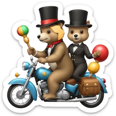 A bear wearing a top hat and holding maracas while on the back of an old lady who is driving a motorcycle sticker
