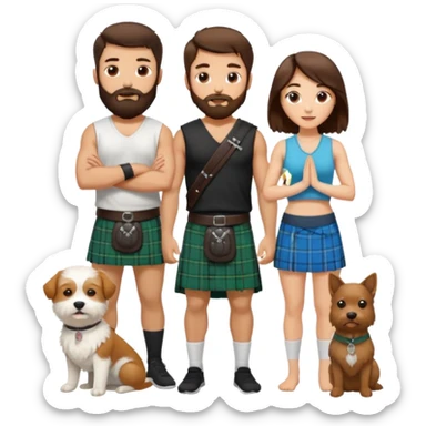 emoji of brunette man with beard wearing kilt, brunette woman in yoga outfit and one white fluffy dog sticker