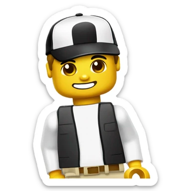 Yellow skin with a white t shirt and black pants with a classic lego baseball cap sticker