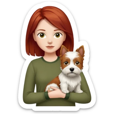 Westhighland white terrier dog being held by woman with dark shoulder length red hair and hazel eye wearing olive green top sticker