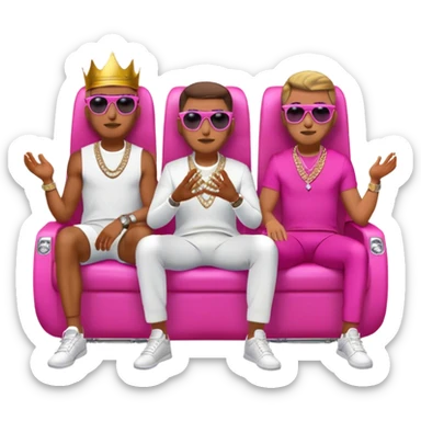 Celebrity millionaire entrepreneur Iman Gadzhi, Daniel G sales, Branden Condy & Alex Hormozi, designer fit, 3 diamond tennis chains, seated on a massive gold throne, sunglasses on, hot pink private jet behind him sticker