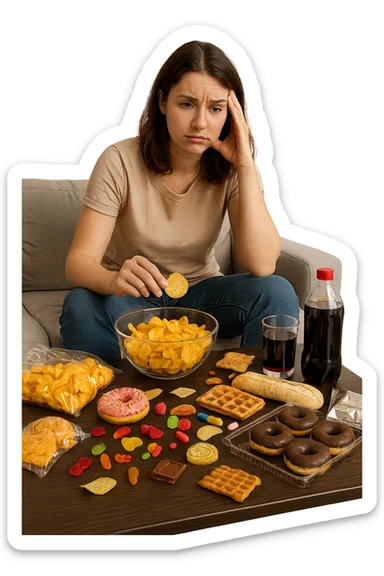 Donna tra i 25 e i 35 anni seduta sul divano o a un tavolo disordinato, circondata da cibi sparsi e poco sani: patatine, dolci, pane bianco, snack confezionati, bibite.  sticker