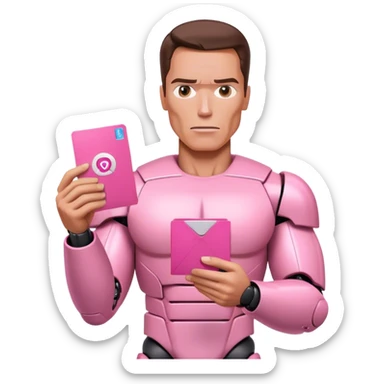schwarzenegger-looking half robotic half human pink terminator holding pink email envelope sticker