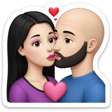 👩🏻‍❤️‍💋‍👨🏻 this one but the man should be bald. white woman with long black hair and white bald young man whoitiut hair and a heart between their heads. she has pink lips and both have brown eyes. he has e full beard but short. sticker