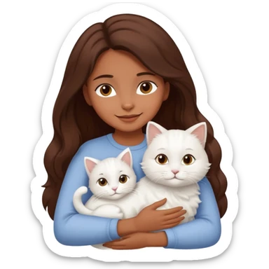 A brown skinned brunette girl hugging a white cat sticker