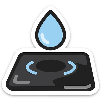 water droplet sliding on glossy black mirror-like paint, main color glossy black, subtle repellent effect with water lines moving away, modern and clean icon sticker