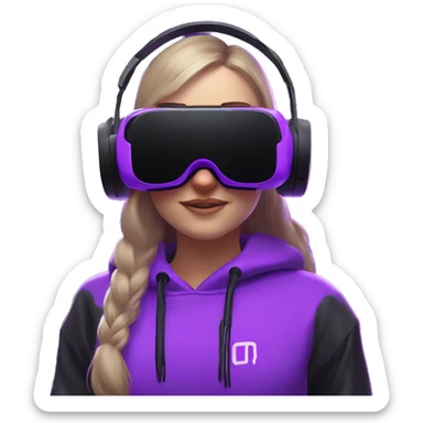Russian girl wearing black hoody with violet letters "OMG", in vr headset oculus quest2. Dancing. Cyberpunk style. Violet neon. sticker