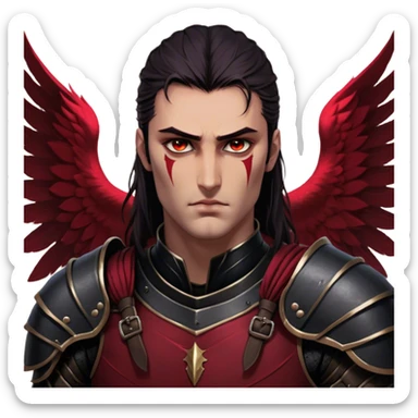 A towering Illyrian warrior with long, dark hair tied loosely at the nape of his neck, his hazel eyes flickering with battle-hardened resolve and mischief. His powerful frame is clad in black leather armor with deep crimson accents, fitted perfectly to his broad shoulders. His massive Illyrian wings stretch behind him, their leathery surface marked by scars of countless battles. A wicked grin plays on his lips, revealing the roguish charm beneath the warrior's exterior. sticker
