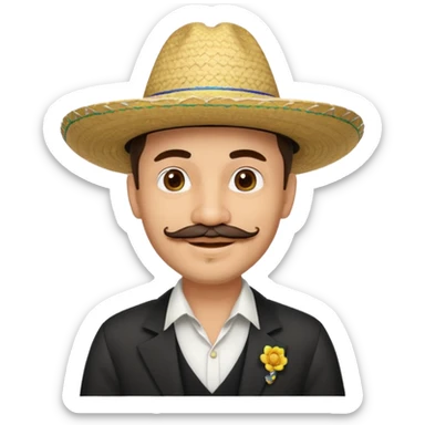 A happy, light skinned, Colombian man, with a small not connected mustache, a small gotee, wearing a Colombian Sombrero Voltiao with black rings on it, and wearing a white dress shirt sticker