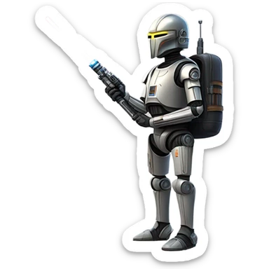 smiling bounty hunter protocol droid wearing backpack, saddlebags and light saber ready to fight resting sticker