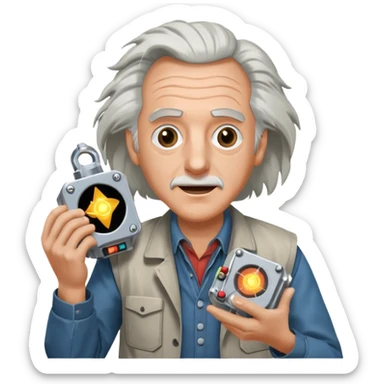 Doc Brown from Back to the Future, holding a flux capacitor, excited face, wild hair sticker