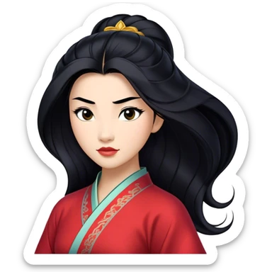 Cinematic Realistic Mulan Portrait, depicted with lifelike skin texture, soft natural lighting, and intricately detailed long black hair styled elegantly. Her deep, expressive eyes exude determination and grace, complemented by a serene yet confident expression. She is dressed in her classic attire, with rich fabric textures and delicate folds that catch the light beautifully. The portrait features a soft, enchanting glow with a natural, radiant finish, capturing the essence of timeless strength and beauty in a realistic and painterly style, evoking a sense of depth and authenticity. sticker
