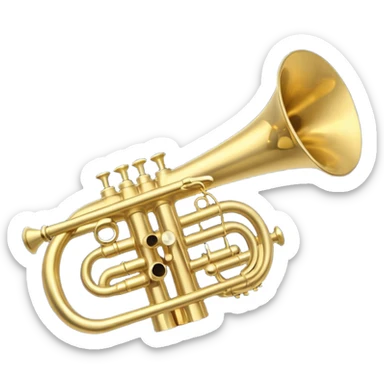 “Flat vector icon of a golden trumpet in side view with mouthpiece, bell, and three simple valves, thick dark outline, minimal details, centered on a deep navy blue rounded-square (or circle) background. Transparent outside the background, PNG.” sticker