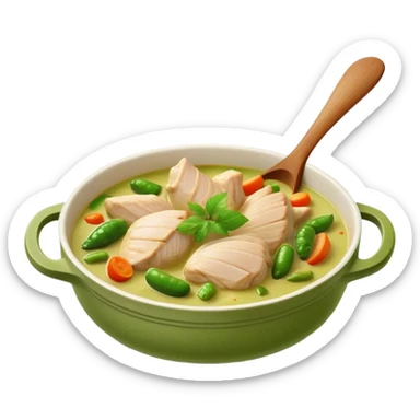 Cinematic Realistic Green Chicken Curry Dish Emoji, depicted with tender chicken simmered in a fragrant green curry sauce with vegetables rendered with rich textures and dynamic, vibrant lighting. sticker