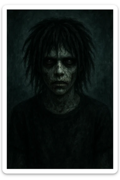 spooky zombie boy with black medium-long dreads, emo and shaggy style, dark and creepy expression sticker