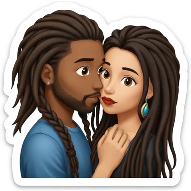 Latina Woman with long hair kissing a young black guy with dreads goatee sticker