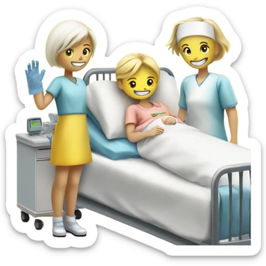 Two blonde children, sick, wearing masks, one Boy, one girl, sick in beds, at home, get well soon sign with yellow heart, blonde nurse at the head of the beds sticker