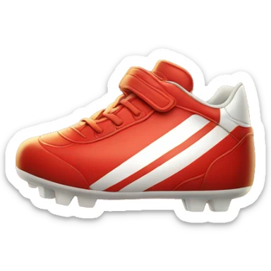 red soccer shoe with a white stripe and a gold buckle sticker