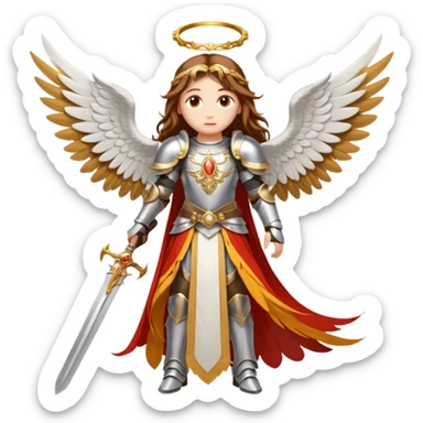  The angel has long brown hair surrounded by a golden halo and large white-and-orange feathered wings, wearing ornate silver armor with gold accents and a red sash. In its right hand it grips a white sword upright, while its left hand rests near the hilt of another weapon at its sid  sticker