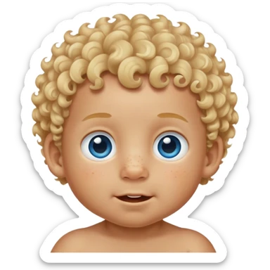 A baby boy that’s a toddler age with curly blonde hair and blue eyes and a butt nose in for freckles on his cheeks and little tiny teeth and that’s it sticker
