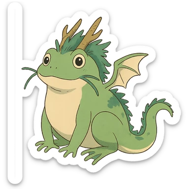 ghibli-inspired style of a dragon and frog fused together, cute and whimsical sticker