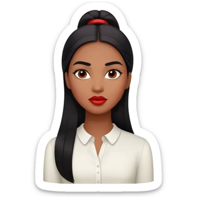 Young woman with medium to dark brown skin, oval face, high cheekbones, dark brown eyes, thick eyebrows, red lipstick, long straight black hair, wearing a white blouse sticker