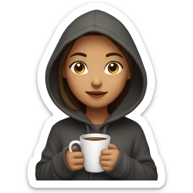 Girl with a hoodie, holding her cup of coffee and booj sticker