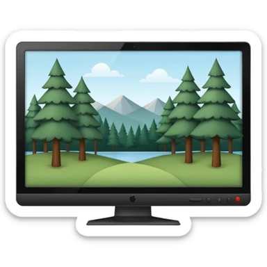Minimalistic flat vector icon, iOS style, thin black contour on white background. Computer monitor with a simple forest scene on the screen (trees, minimal landscape). Clean, no text, no shadows sticker