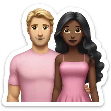 A handsome white man who has long brown hair and tanned skin with a pretty black woman who has long black hair and she is wearing a pink dress and they are a couple sticker