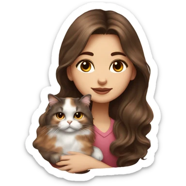 brunette girl with long wavy hair snuggling Calico Persian cat sticker