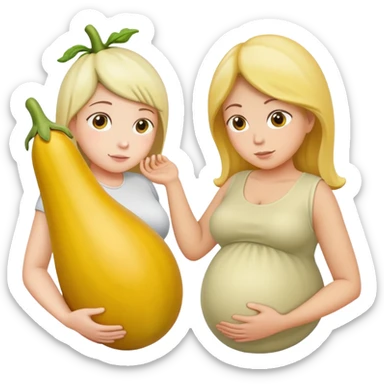 yellow eggplant attached to a pregnant person, with a bowing person turned to the side sticker