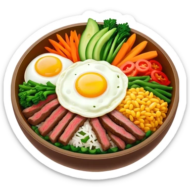 Cinematic Realistic Bibimbap Dish Emoji, showcasing a colorful bowl of mixed rice, assorted vegetables, beef, and a fried egg rendered with lifelike detail and vibrant, harmonious lighting. sticker