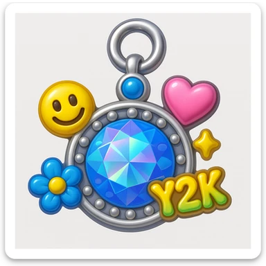 convert to a Y2K style charm: add a silver jump ring to the top for attaching to a bracelet or necklace, keep the holographic diamond, blue sapphire accent, and playful Y2K details, 3D emoji style sticker