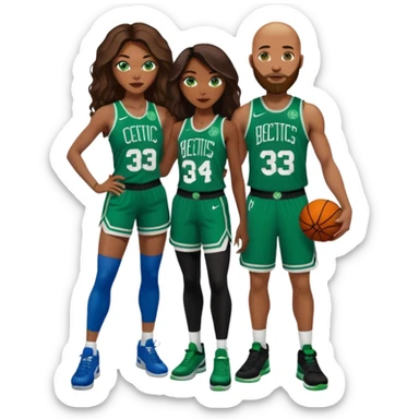 48-year-old dark black woman with brown eyes, long dark brown balayage hair dressed in sexy 
celtics jersey costume outfit & stilettos. Abald white man with ginger beard. he has blue eyes, wearing a Jason Tatum Boston Celtics Jersey, matching Nike sneakers  sticker