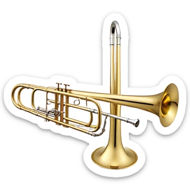 Create a sleek and professional emoji representing the Brahner TB-420 Bb/F tenor trombone. The design should feature the smooth, shiny brass body of the trombone with its distinct curved tubing and large bell. Highlight the tuning slide and the mouthpiece at the top of the instrument. The brass finish should be polished and reflective, with silver accents on the mouthpiece and tuning slide. Add subtle musical notes or soundwaves floating around the trombone to evoke its bold, brassy sound. Use golden and brass tones for the trombone with light reflections to emphasize its high-quality craftsmanship. The background should be transparent. sticker