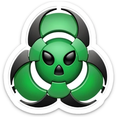 Minimalist emoji-style sticker of a fractured biohazard symbol with a small eye in the center. Stylized, geometric, no text.
 sticker
