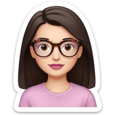 White woman with long straight dark brown hair divided in the middle, dark Brown eyes, light tortoiseshell framed glasses. The lips have soft old pink coloured lipstick, and light smile (no teeth showing). No make-up in the eyes. The t-shirt is White. sticker