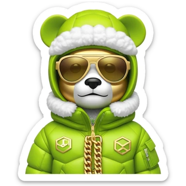 geometric bearbrick in lime balaclava with brand logos, luxurious puffy winter jacket with fur collar, futuristic one-piece shield sunglasses, multiple gold chains, hip hop style sticker