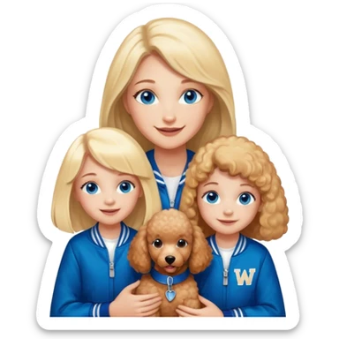 smiling mother in letterman jacket with W and Blue eyes, two Little girls Long blond straight hair and Blue eyes and one brown poodle puppie sticker