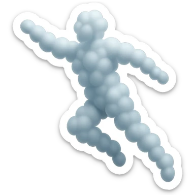 flying person made entirely of small very white fluffy convex clouds, matte glass style, minimalism sticker